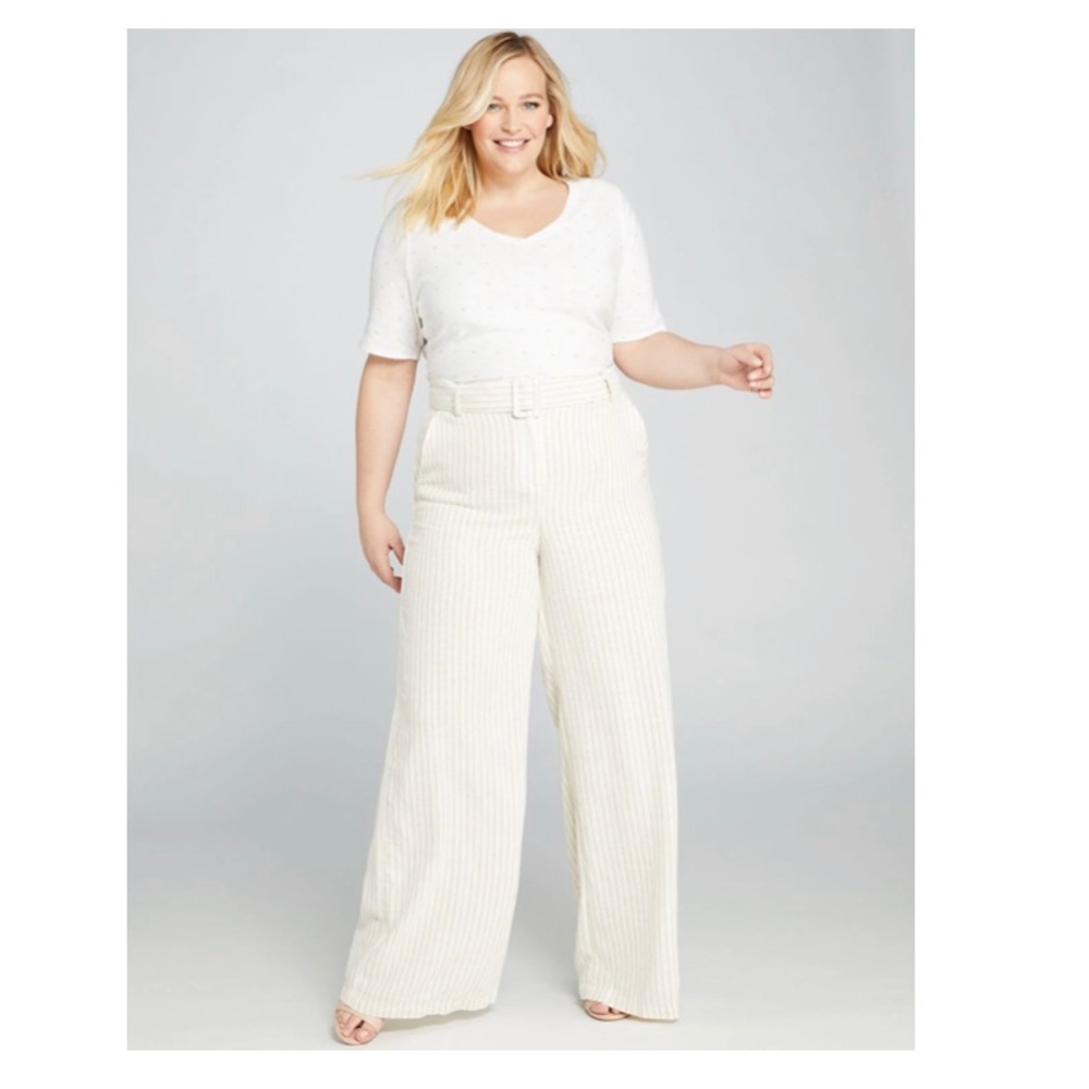 Lane Bryant- Belted, Striped wide leg pant.